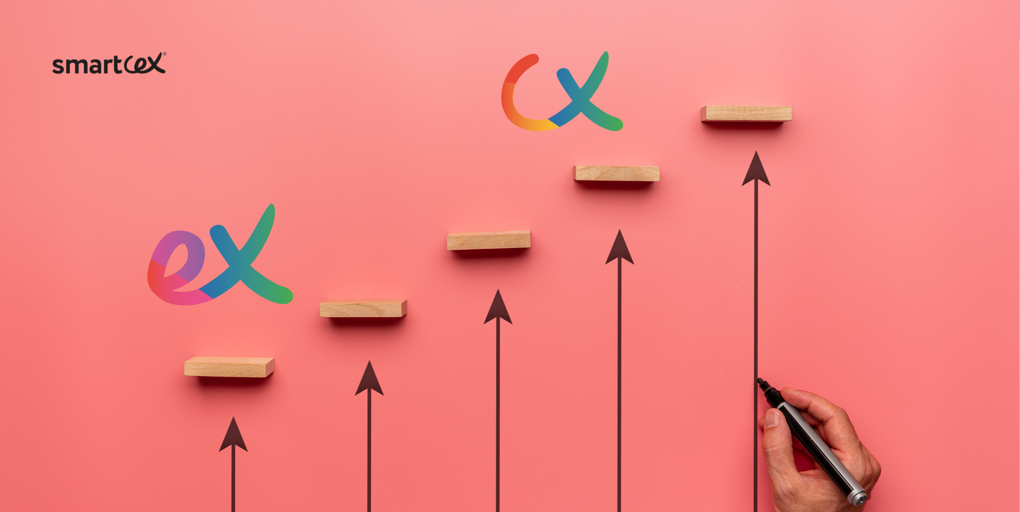 Fondo rosa con flechas ascendentes, peldaños de madera y las siglas EX y CX, en una imagen sobre evolución de la experiencia de empleado hacia la experiencia de cliente.